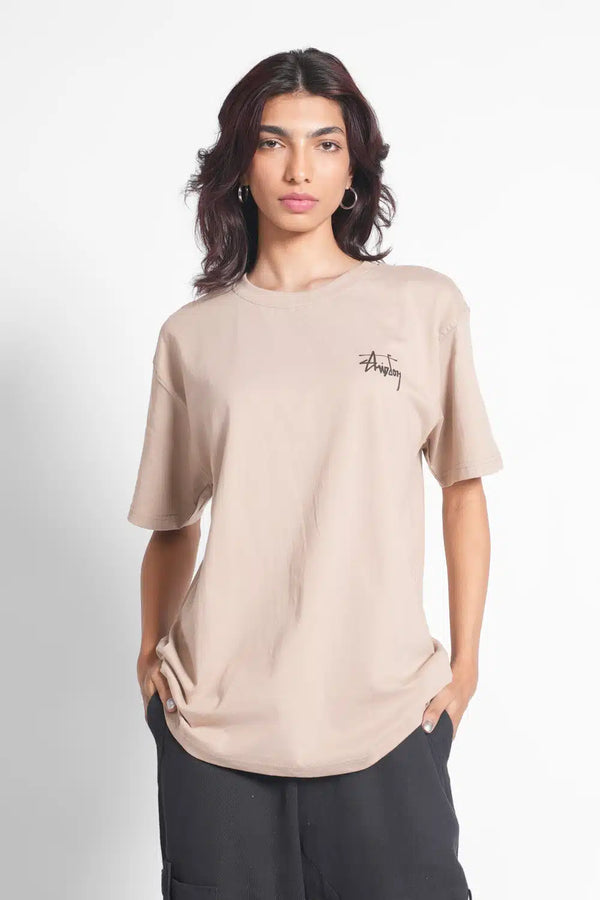 Logo Print Beige Oversized T-shirt