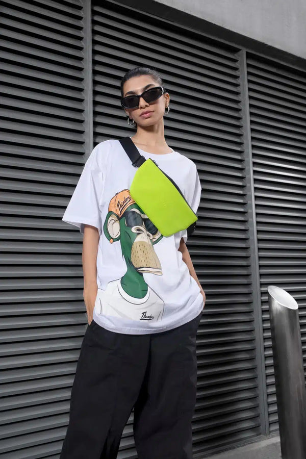 Combo Offer Ape Print Oversized White T-Shirt + Crossbody Sling Bag